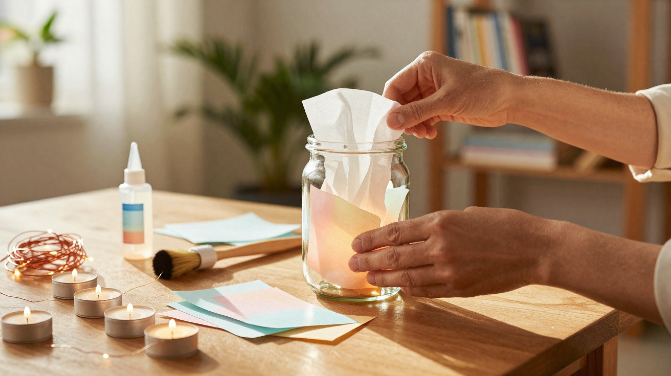 Hands placing a paper note into a glass jar on a table with candles, coloured paper, and craft supplies.
