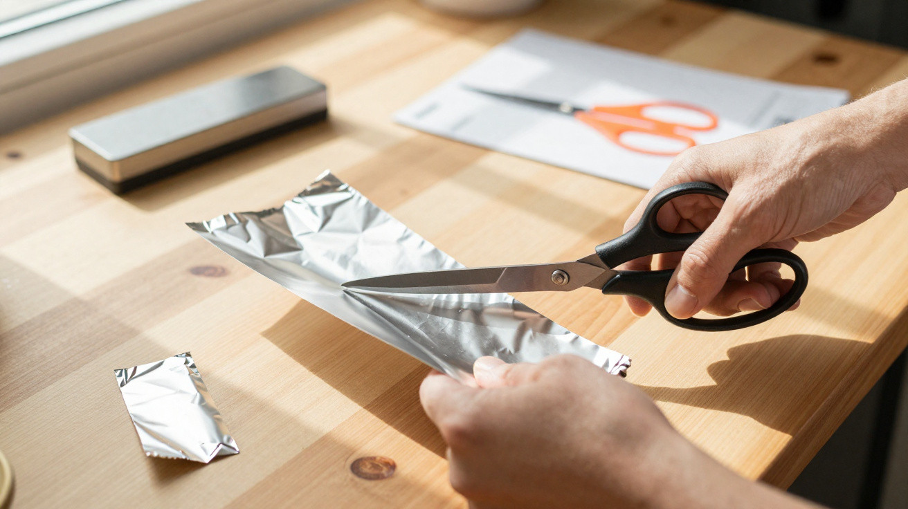 Hands cutting a piece of silver foil with black scissors on a wooden table near a window.