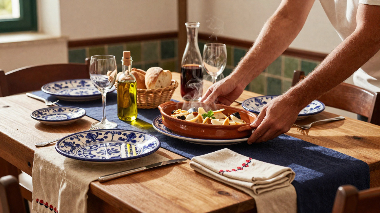 Person placing a steaming dish of food on a wooden table set with patterned plates and wine glasses.
