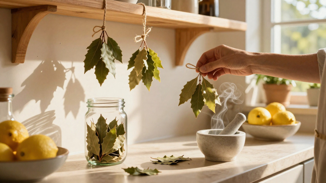 Hand placing bay leaves above a steaming mortar and pestle on a sunlit kitchen countertop with lemons nearby.