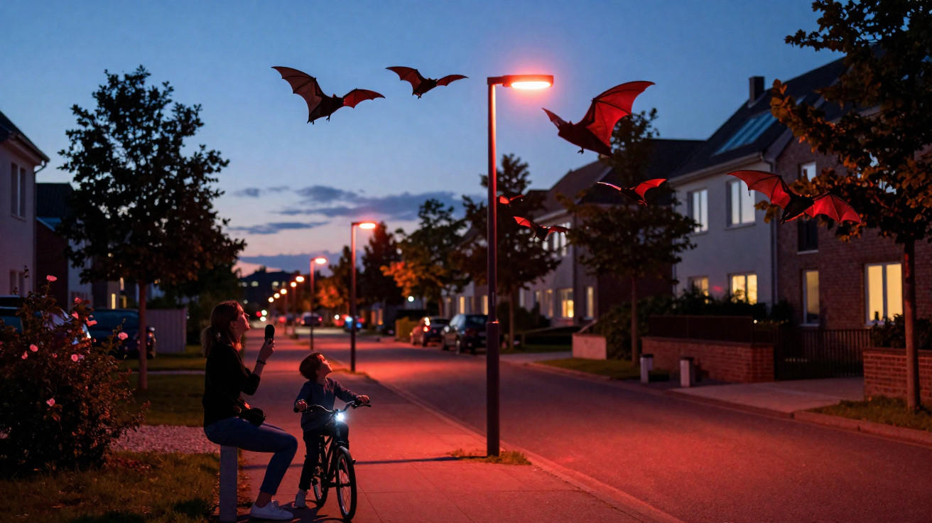 Child on bike and adult watching large bats flying above a suburban street at dusk.