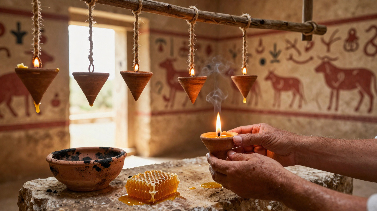 Hands lighting a clay oil lamp with honeycomb and ancient cave paintings in the background.
