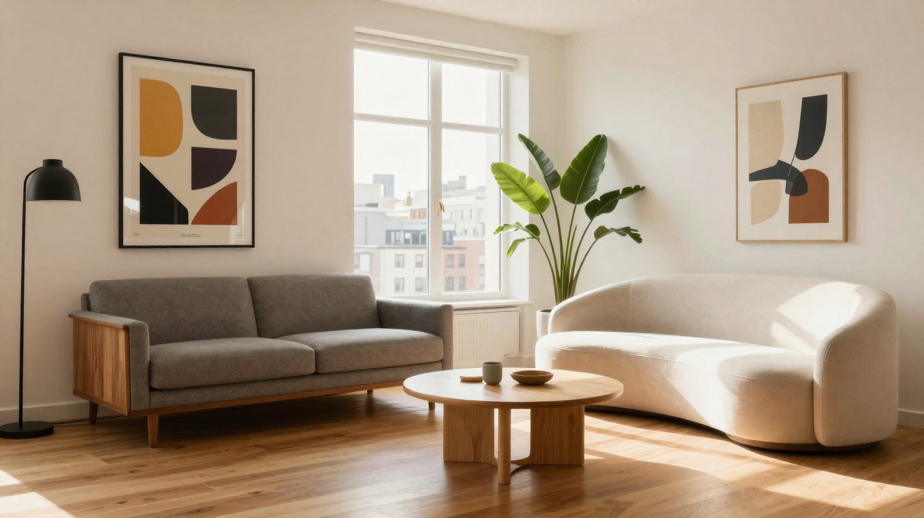 Modern living room with grey and cream sofas, round wooden coffee table, floor lamp, and abstract wall art.