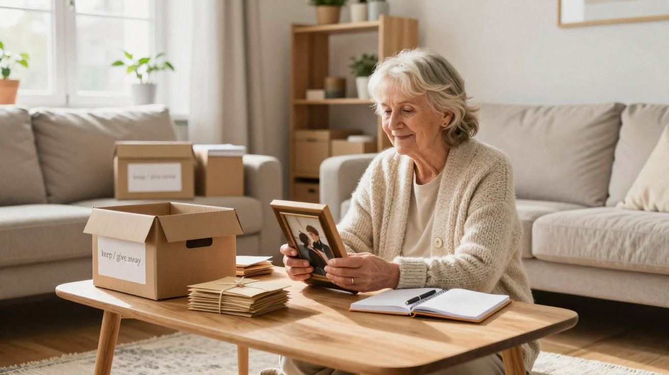Elderly woman sitting at a wooden table, holding a framed photo, with boxes and letters labelled keep/give away nearby.