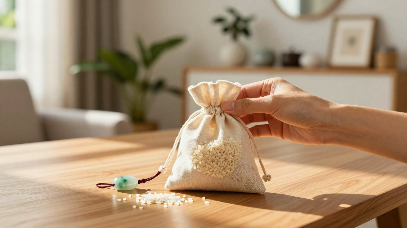 Hand holding a small fabric drawstring bag decorated with a heart of rice grains on a wooden table.