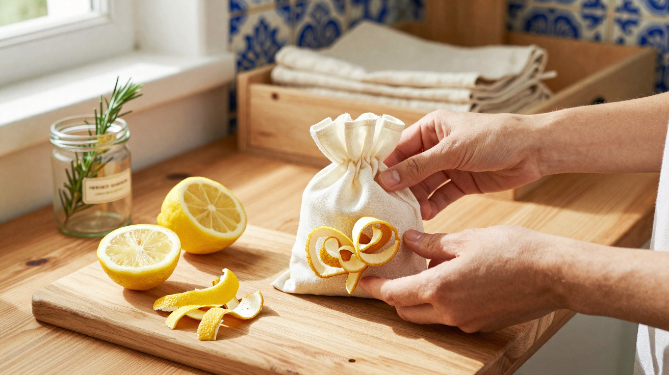 Hands placing dried lemon peel into a small white cloth bag on a wooden kitchen counter.