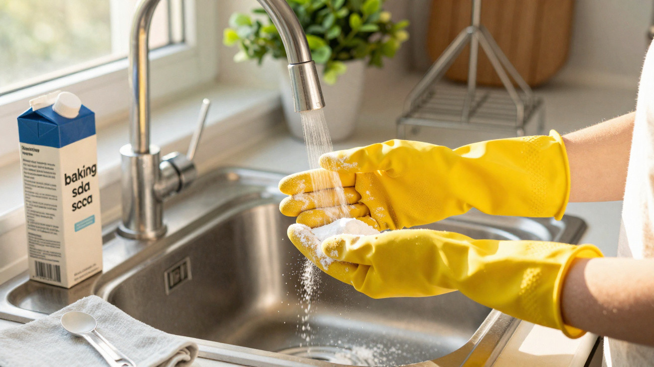 Person wearing yellow gloves washing baking soda under running tap water in a kitchen sink.