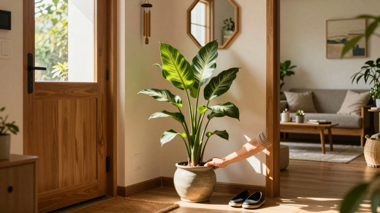Person watering a large potted plant in a sunlit, wooden-floored hallway near an open door.