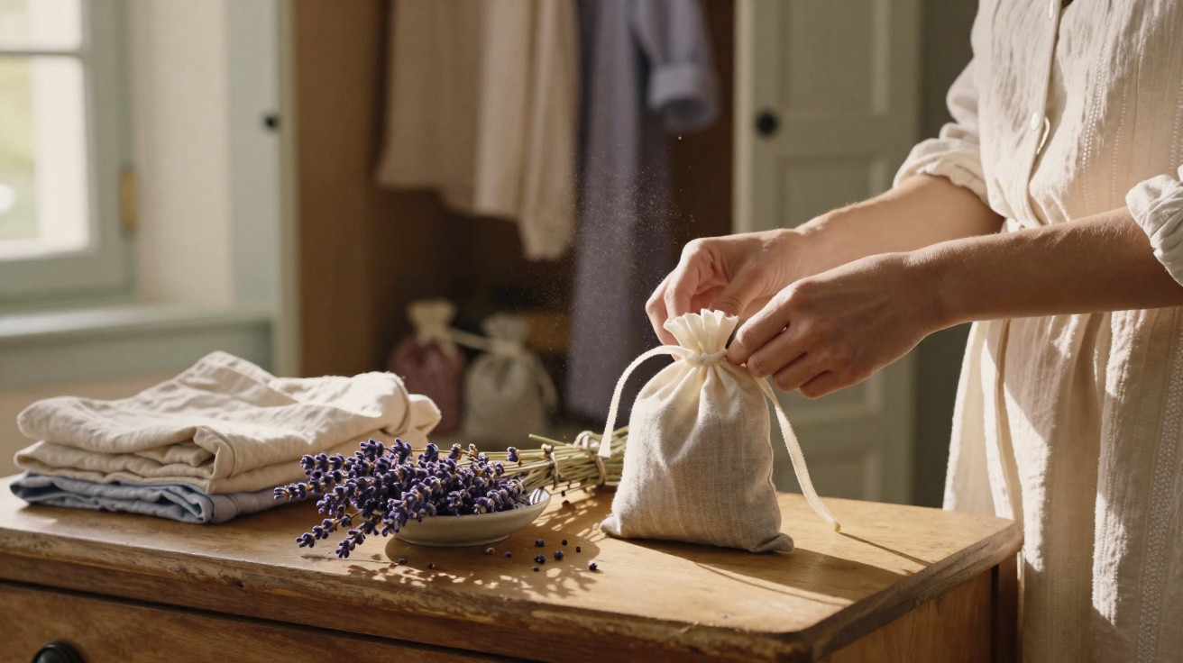 Person placing dried lavender into a small linen drawstring bag on a wooden table with folded clothes nearby.