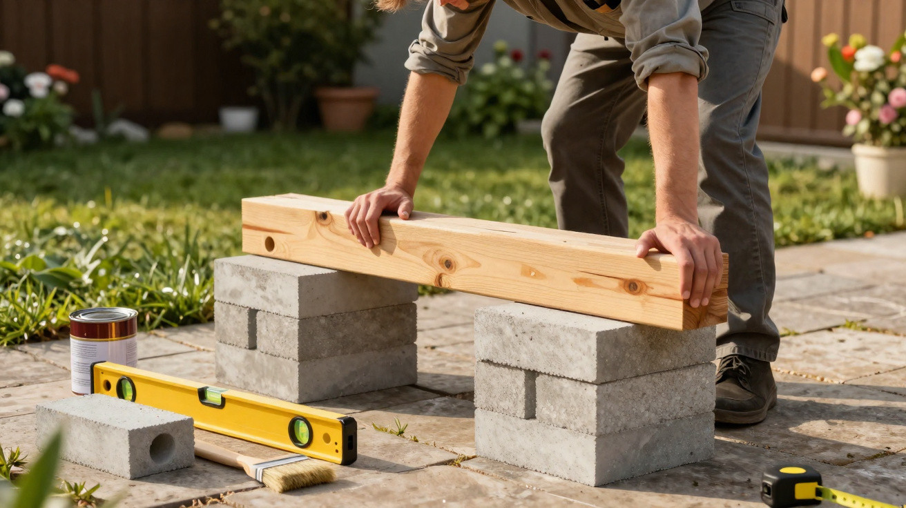 Person positioning a wooden beam on concrete blocks outdoors with spirit level and paintbrush nearby.
