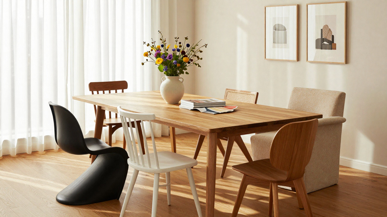 Dining table with six mixed-style chairs, a vase of flowers, and two abstract framed prints on the wall.