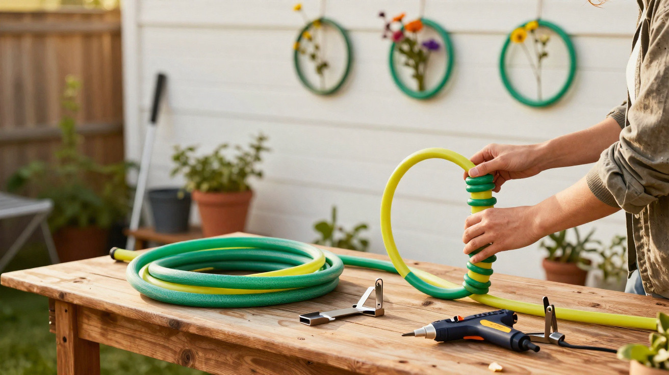 Person assembling a yellow and green garden hose on a wooden outdoor table with tools and plants nearby.