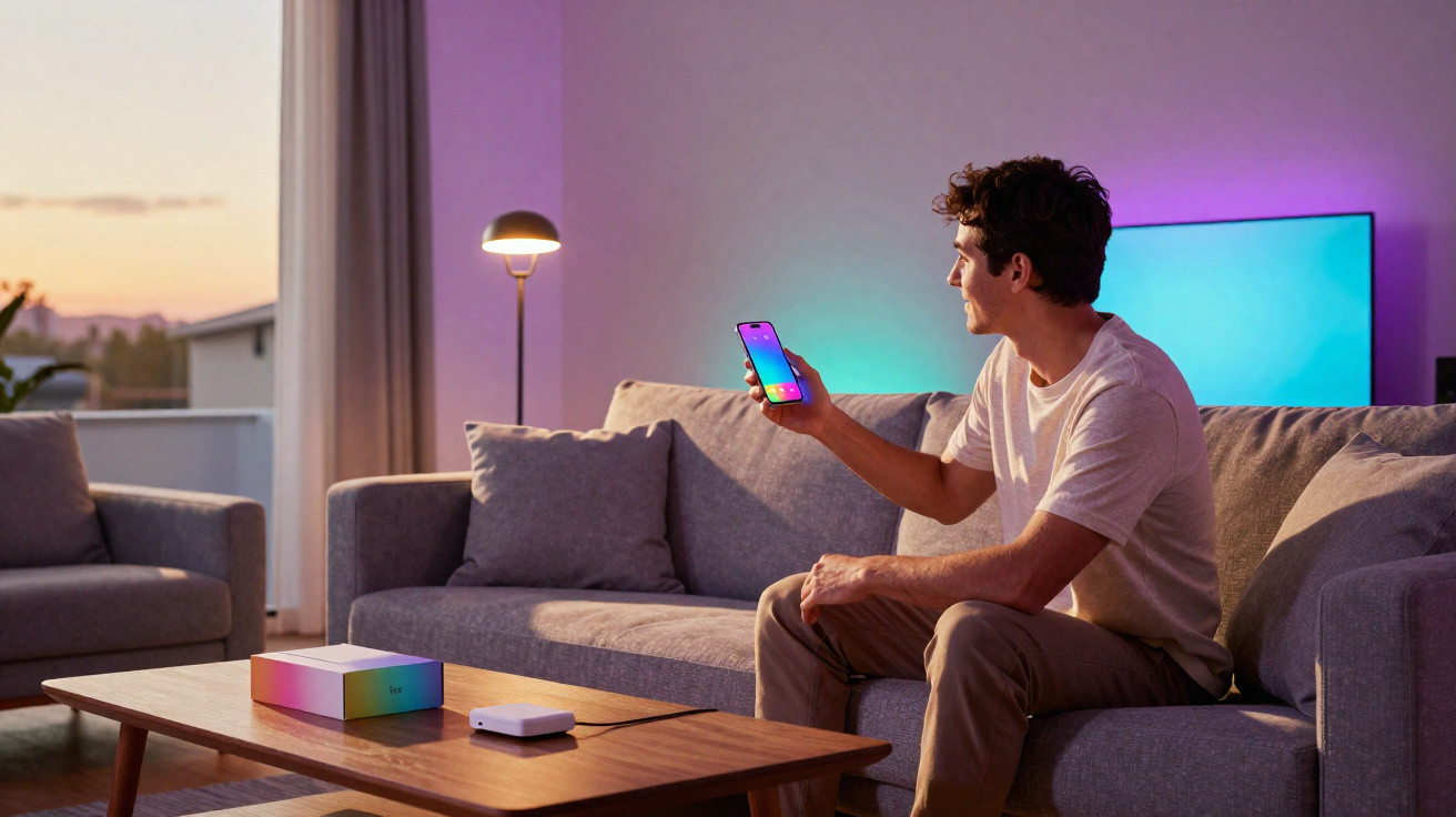 Man sitting on grey sofa using smartphone to control smart home lights at dusk in living room