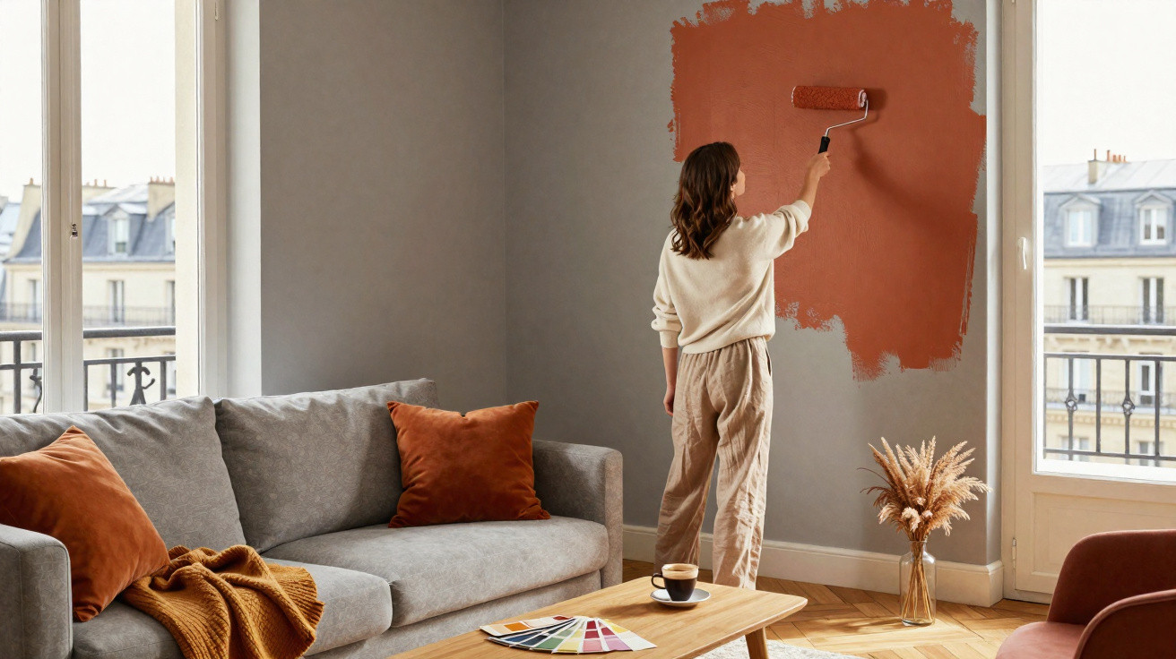 Woman painting a grey living room wall with terracotta paint using a roller near large windows and a grey sofa.