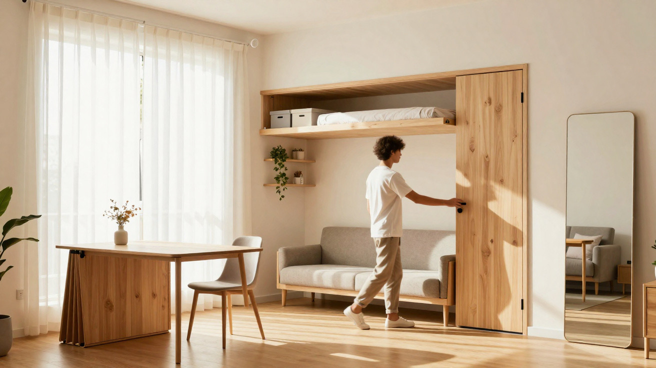 Man opening wooden sliding doors to a hidden loft bed above a grey sofa in a bright living room.