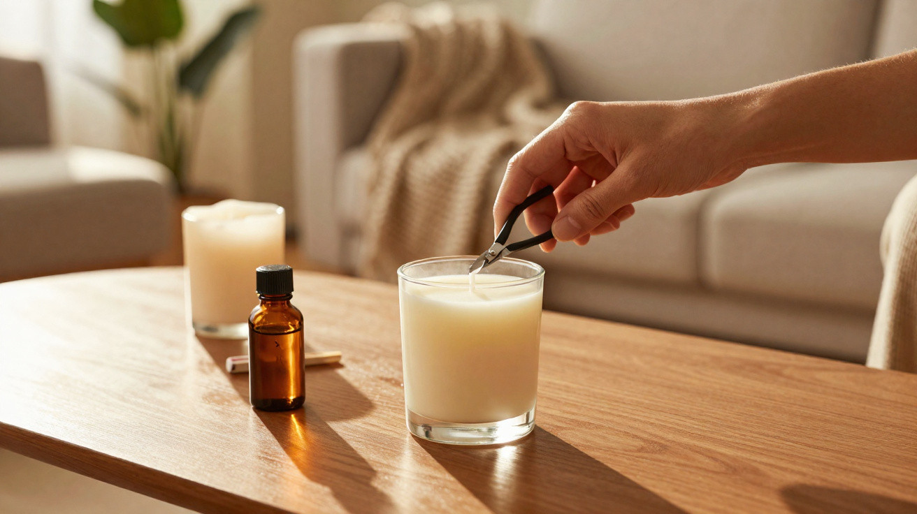 Hand lighting a white candle with tweezers on a wooden table, beside a small amber essential oil bottle.