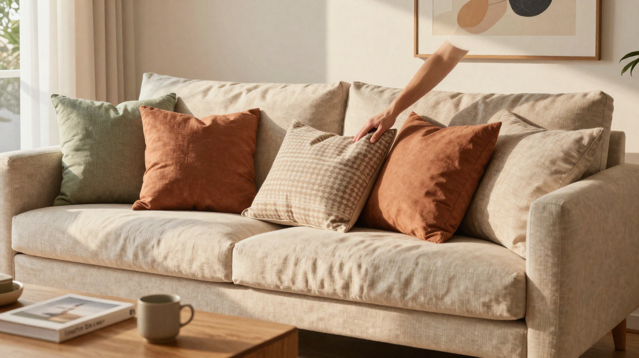 Person reaching to adjust patterned cushion on a beige sofa with assorted coloured pillows in a sunlit room