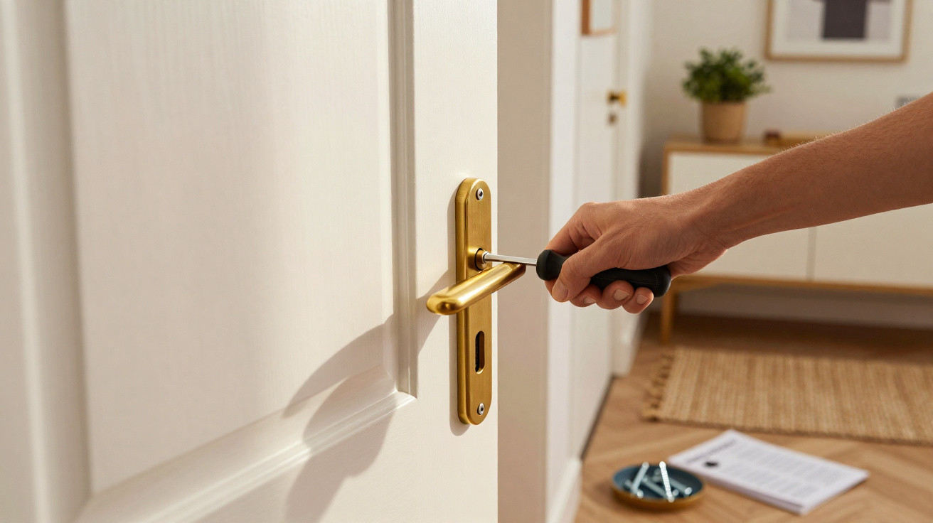 Hand using screwdriver to fix a gold door handle on a white interior door in a home hallway.