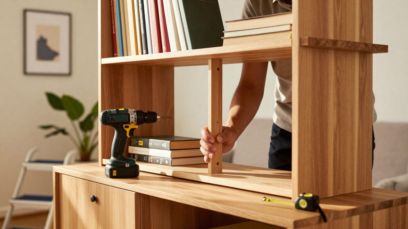 Person assembling wooden bookshelf with cordless drill, books, and measuring tape on a wooden surface indoors.