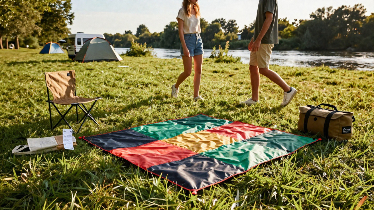 Couple walking near river with camping chair, colourful picnic mat, and bags on grassy riverside campsite.