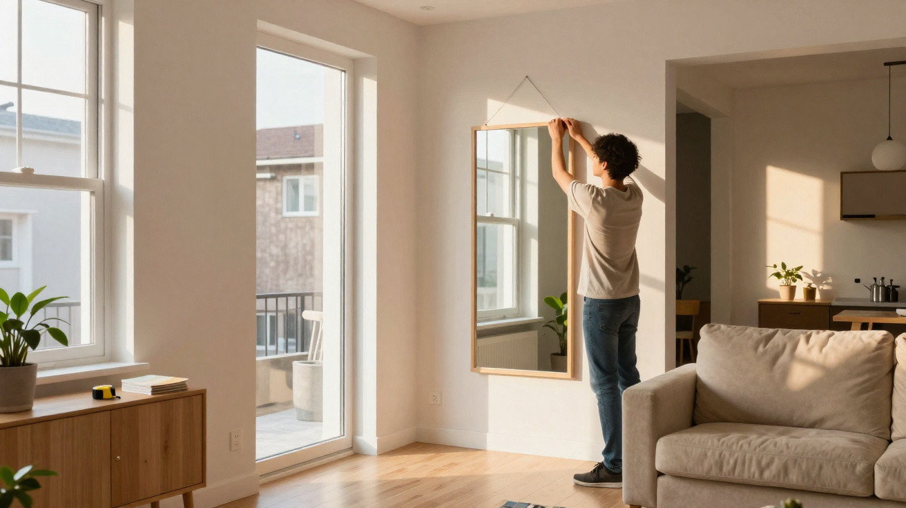 Person hanging a large mirror on a wall in a bright, modern living room with wooden flooring.
