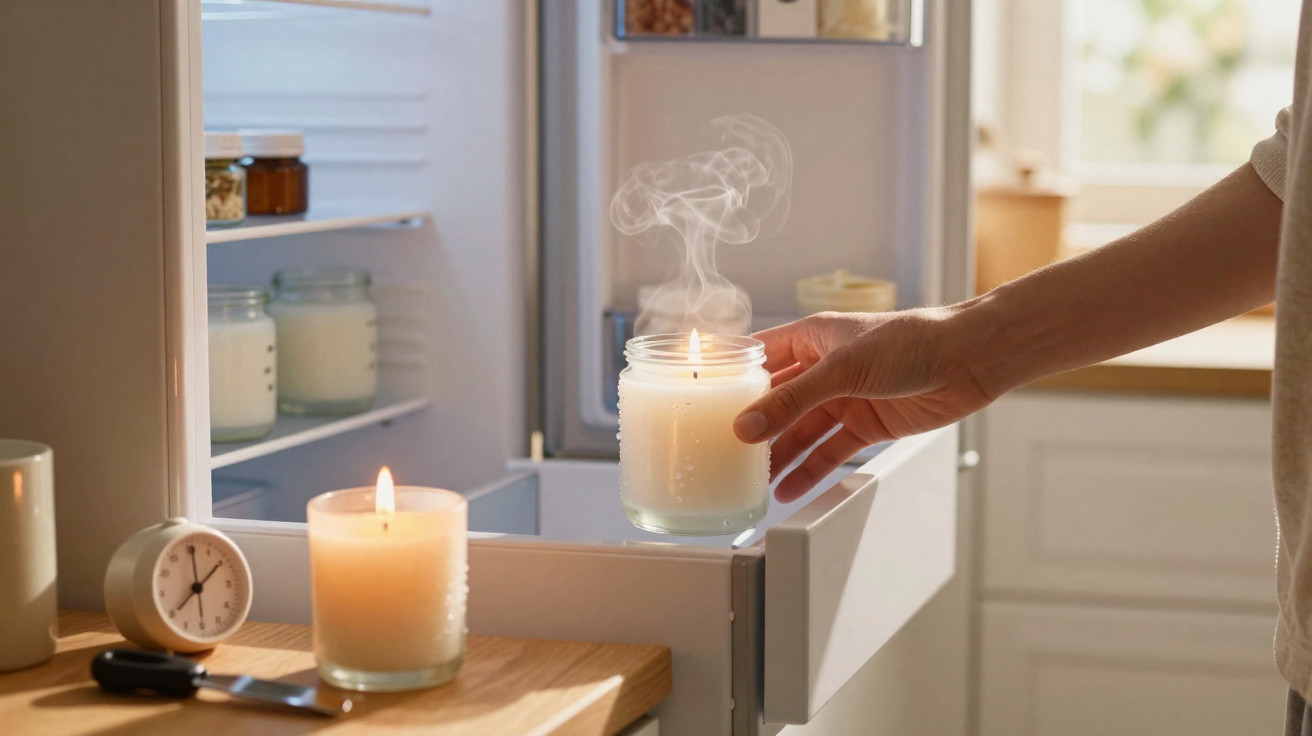 Person placing a lit scented candle inside an open fridge drawer in a bright kitchen setting.