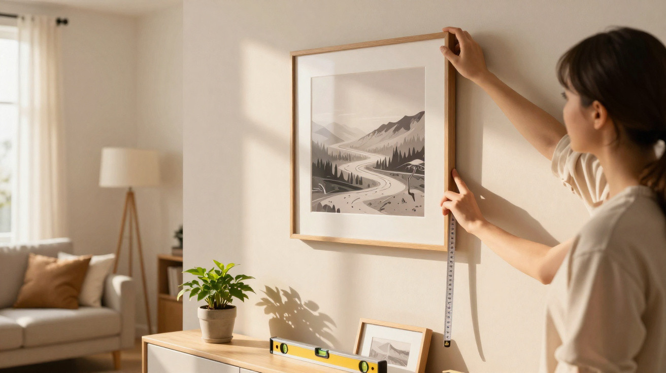 Woman measuring a wall hanging a framed landscape picture in a softly lit living room with a plant and furniture.