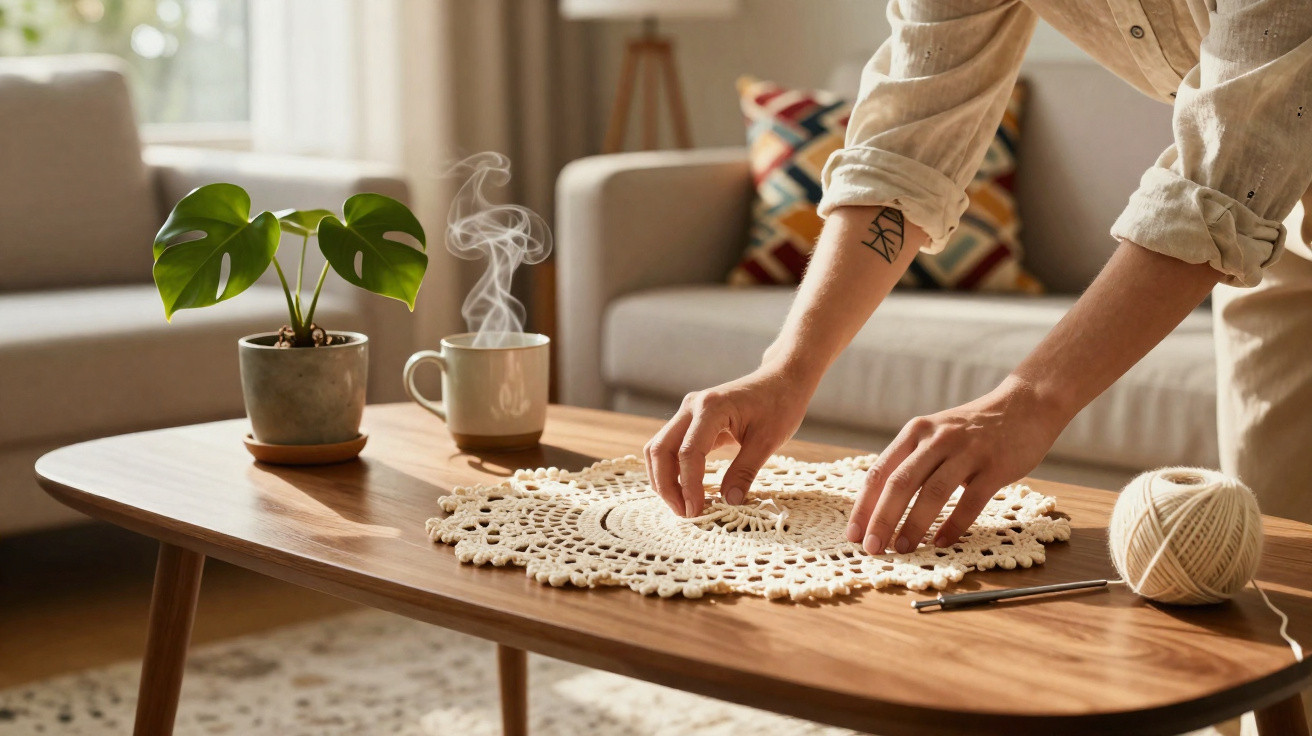 Hands adjusting a crocheted doily on a wooden coffee table with a plant, steaming mug, and yarn ball nearby.