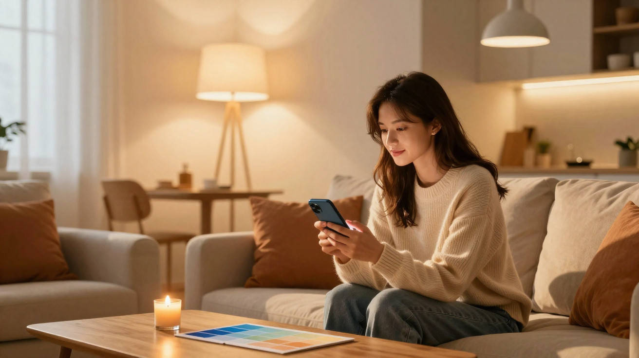 Woman sitting on a sofa in a cosy living room, looking at her phone with a lit candle and colour charts on the table.
