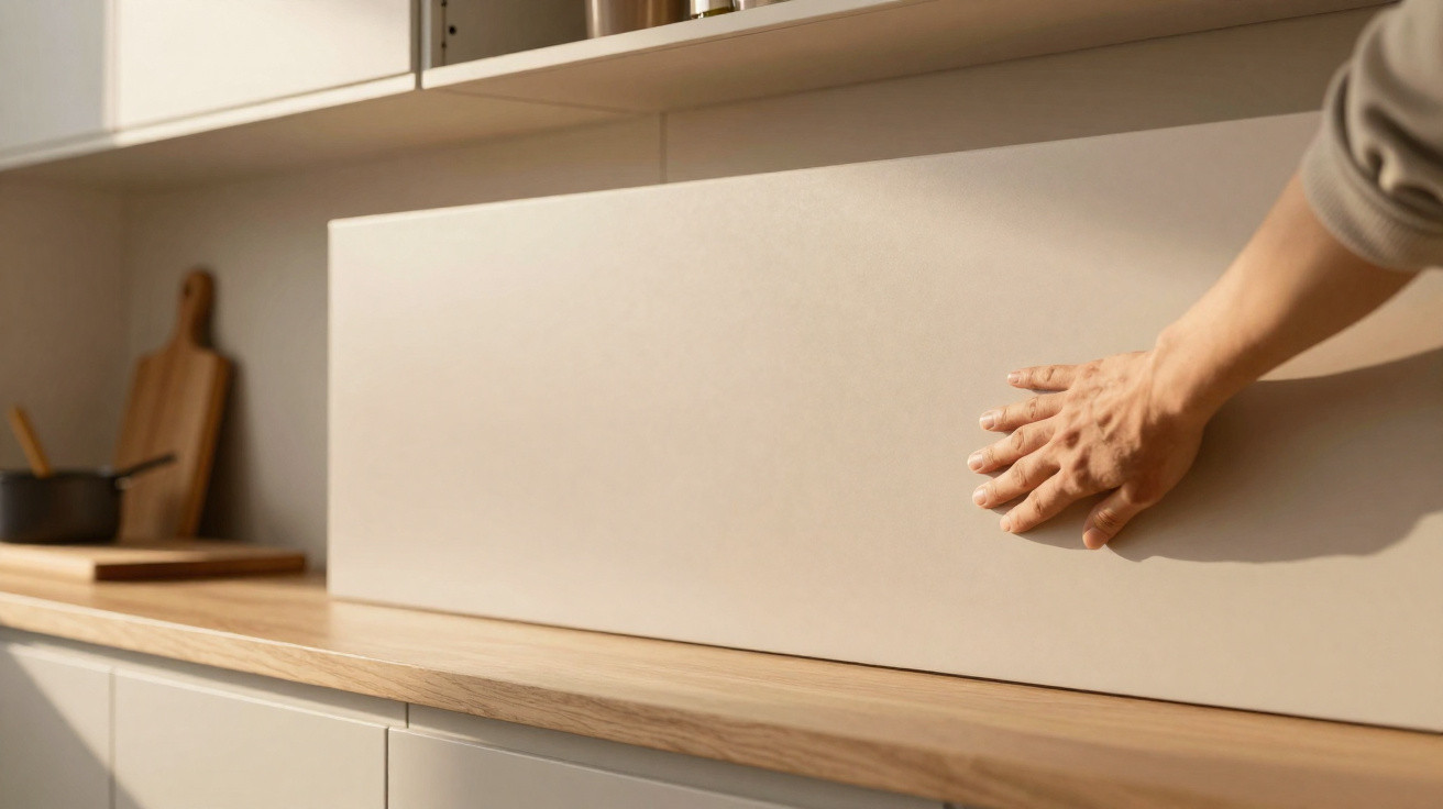 Hand touching a smooth cream kitchen backsplash above a wooden countertop with cabinetry below.