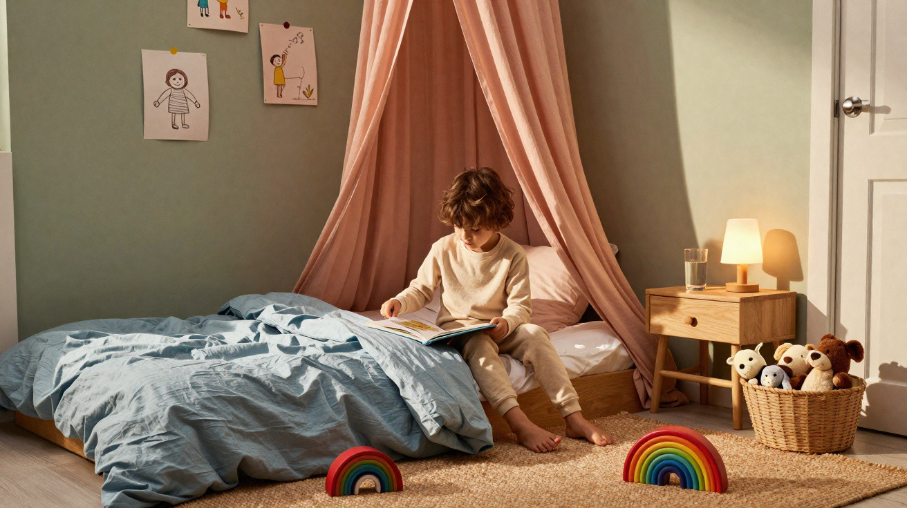 Child in cream pyjamas sitting on a bed reading a book in a softly lit bedroom with toys and drawings.