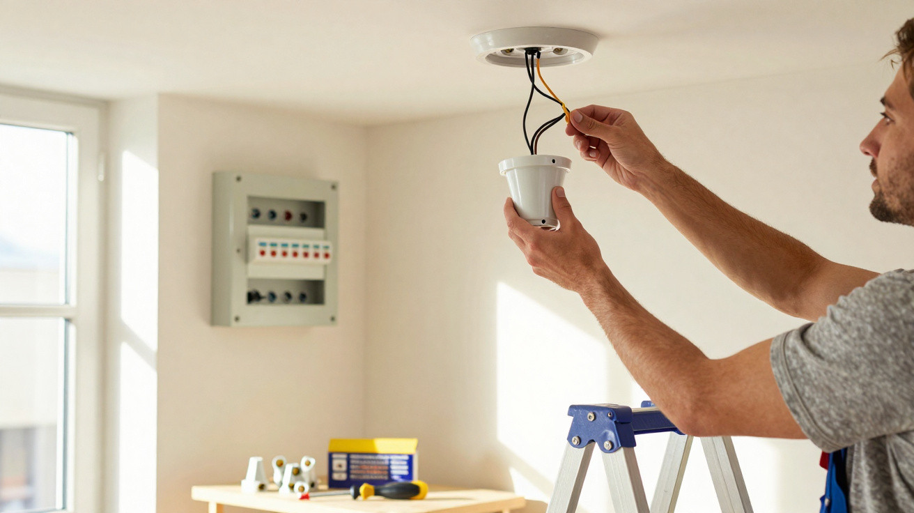 Electrician installing ceiling light fitting on a ladder in a bright room with circuit breaker box in background.