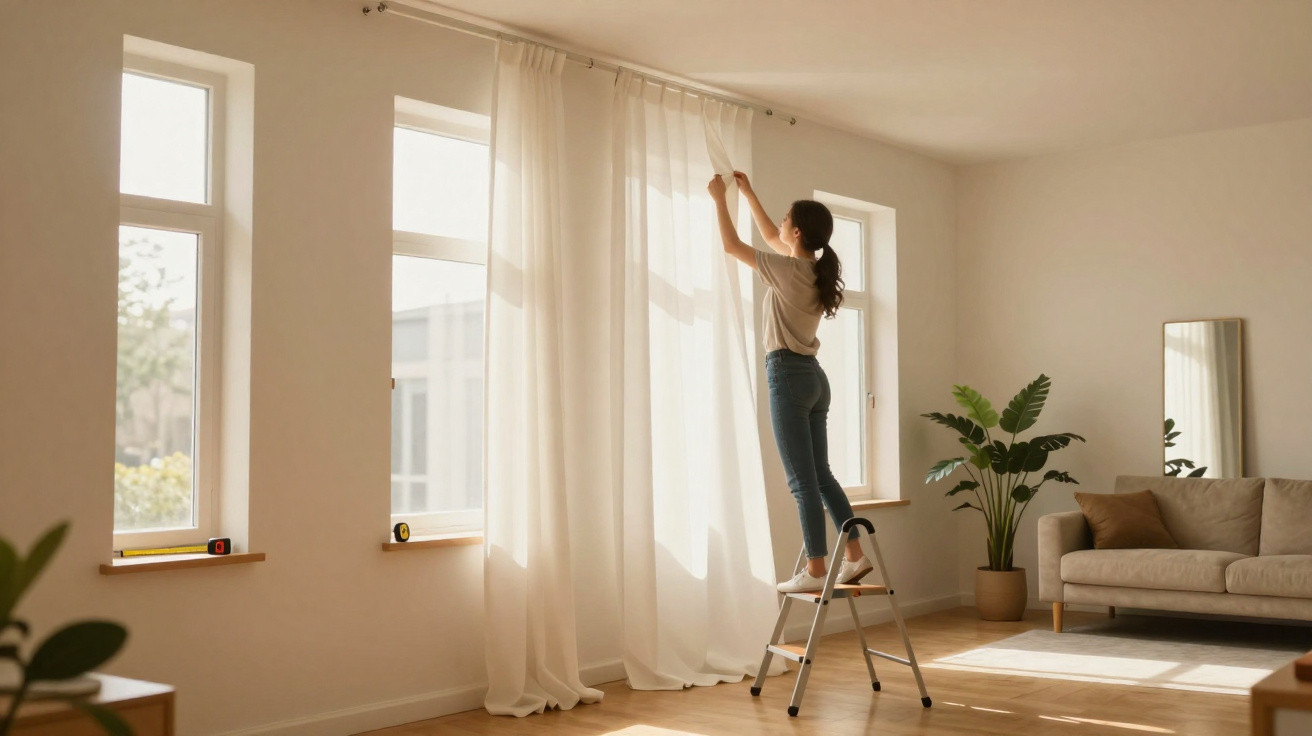 Woman standing on a step ladder adjusting white sheer curtains in a bright, minimalist living room with a sofa and plant.