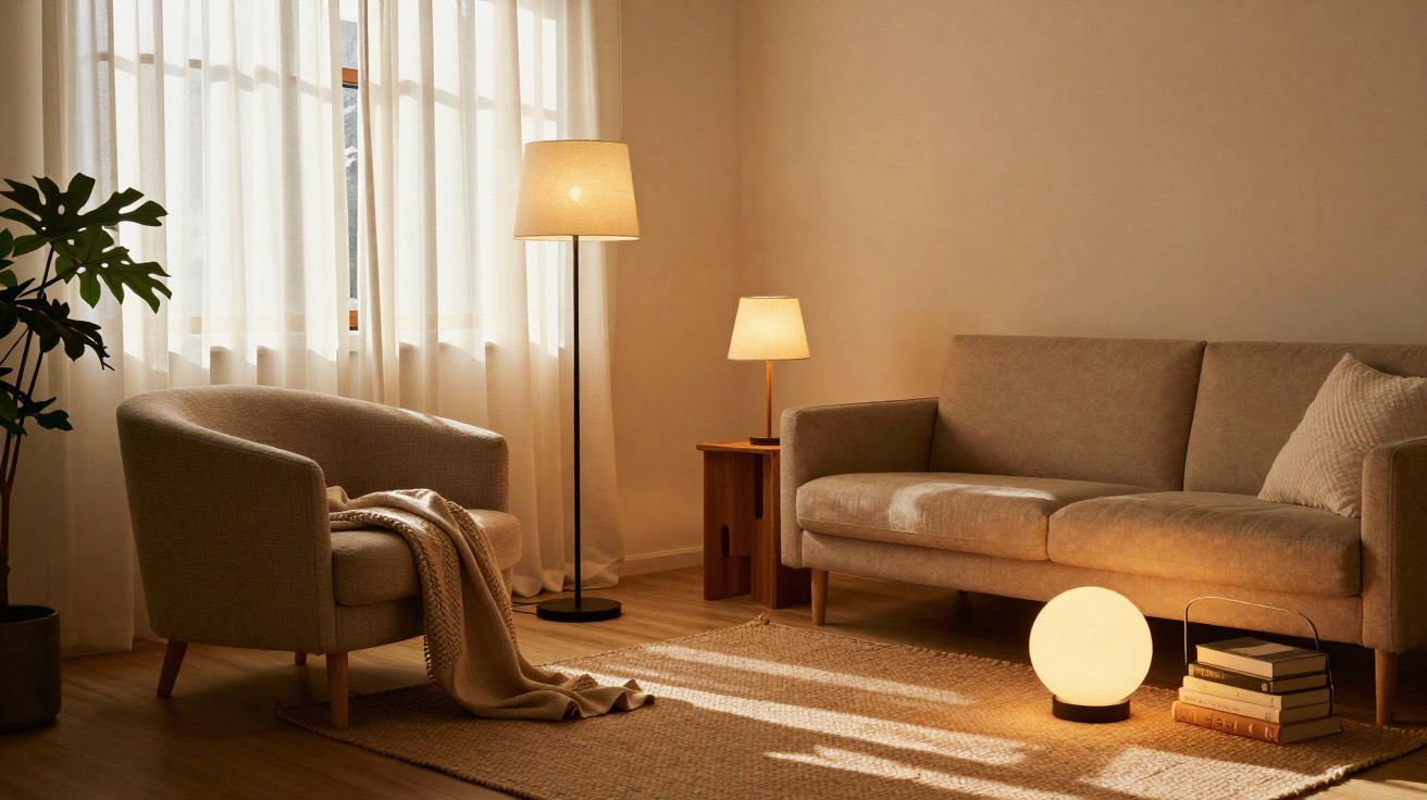 Cozy living room with armchair, sofa, floor lamp, table lamp, glowing globe light, and neutral decor.