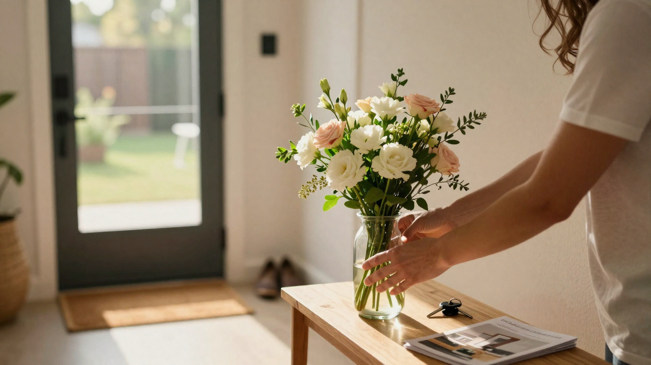 Person arranging a glass vase of pink and white flowers on a wooden table near a door with sunlight.