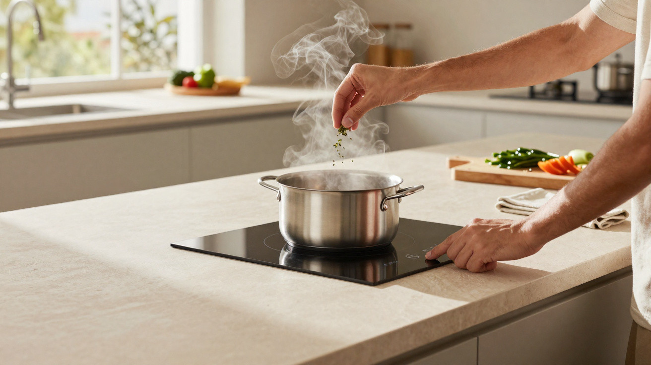 Person sprinkling herbs into a steaming pot on an induction cooktop in a modern kitchen.