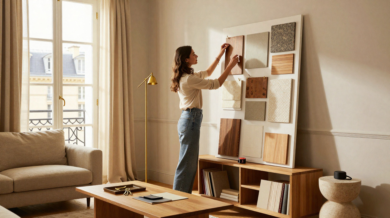 Woman arranging material samples on a board in a bright, modern living room with wooden furniture.