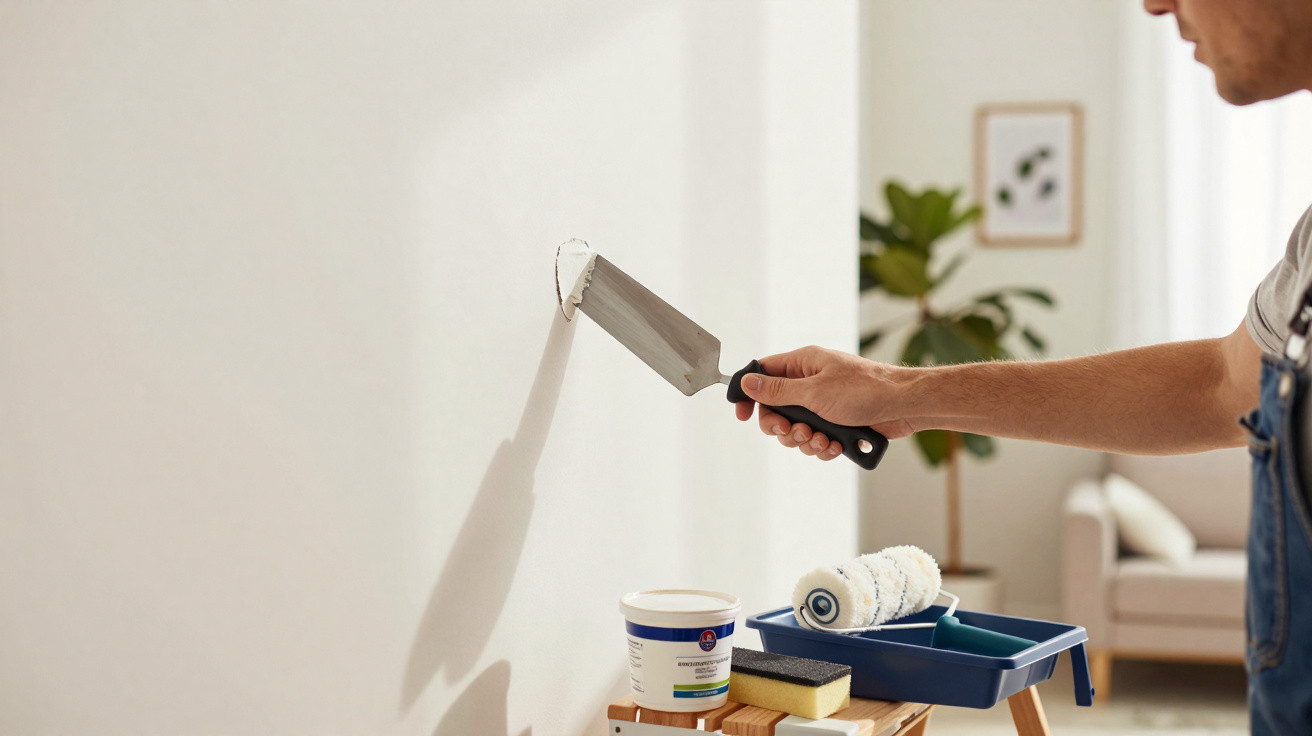 Person applying wall filler with spatula during interior home renovation next to painting supplies and roller tray