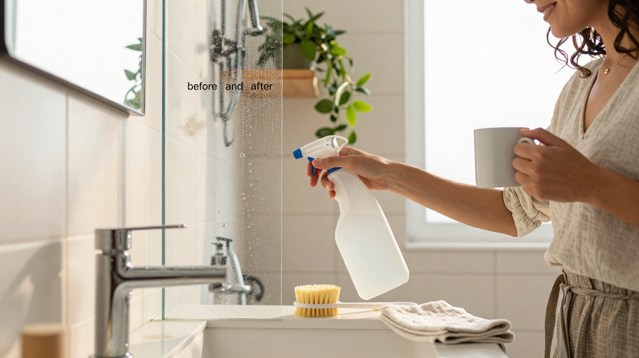 Woman spraying a cleaning solution on a bathroom mirror showing a before and after difference.