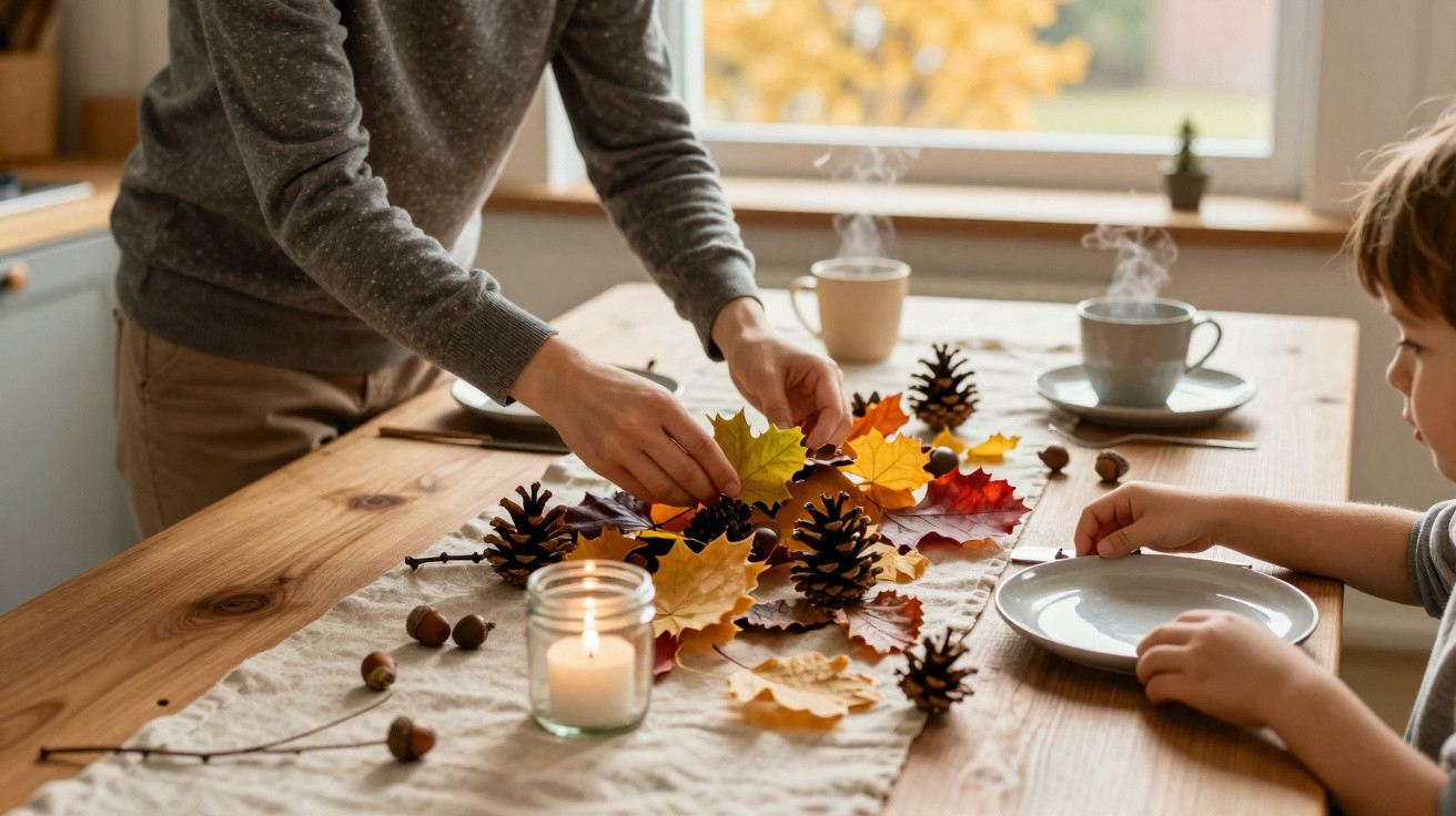 Adult arranging autumn leaves and pinecones on a table while a child sits with an empty plate nearby.
