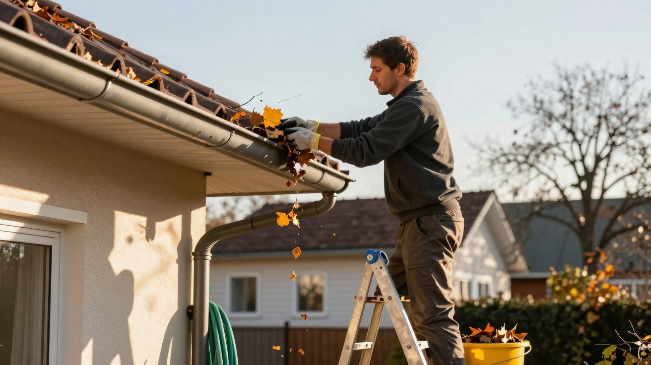 Man on ladder cleaning autumn leaves from house gutter on a clear day with houses in the background