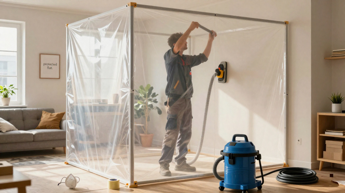 Person assembling a transparent plastic containment room inside a modern living room.