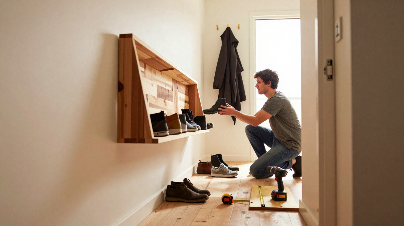 Man organising shoes on a wooden wall-mounted rack in a bright, minimalist hallway with tools on the floor.