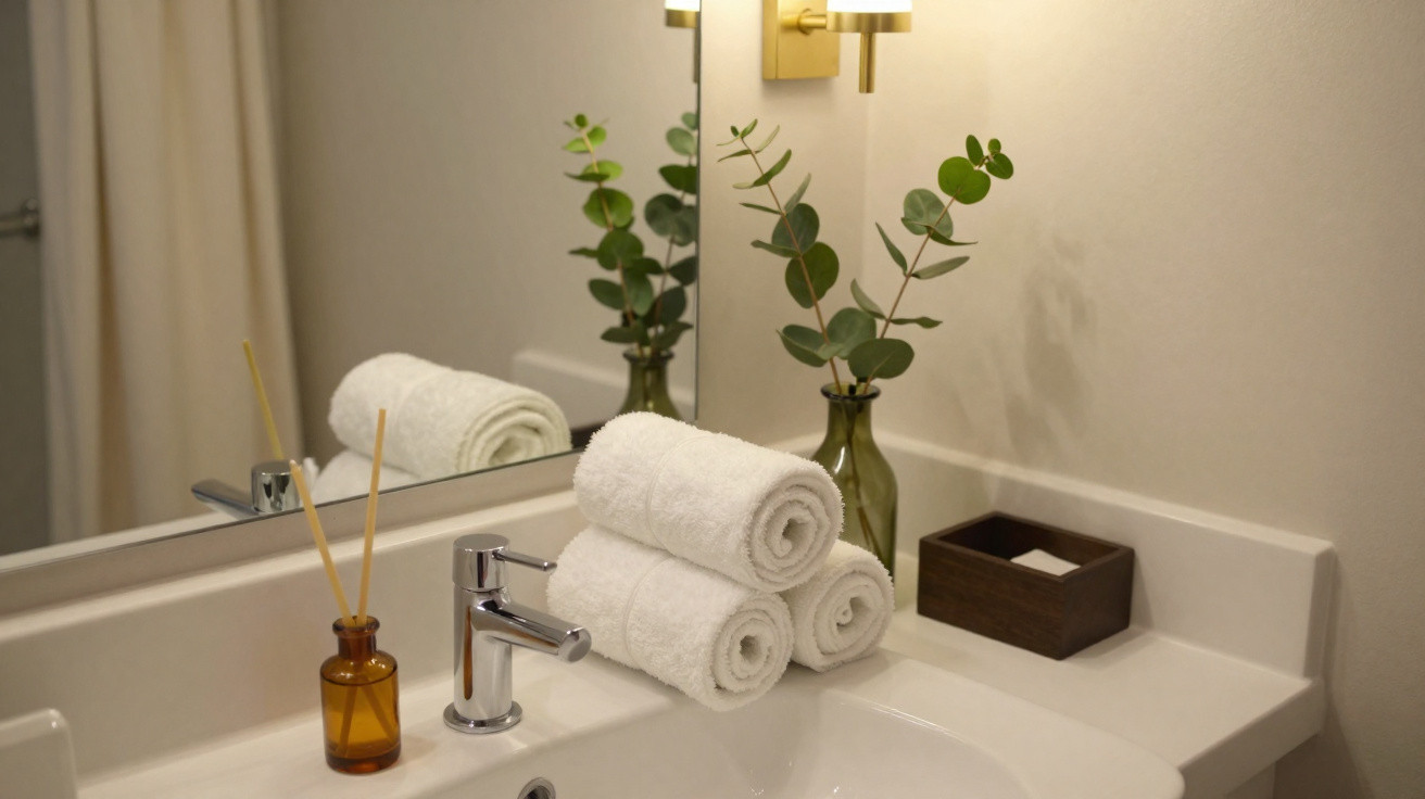 White rolled towels stacked on bathroom sink with green plant, amber diffuser, and mirror reflection.