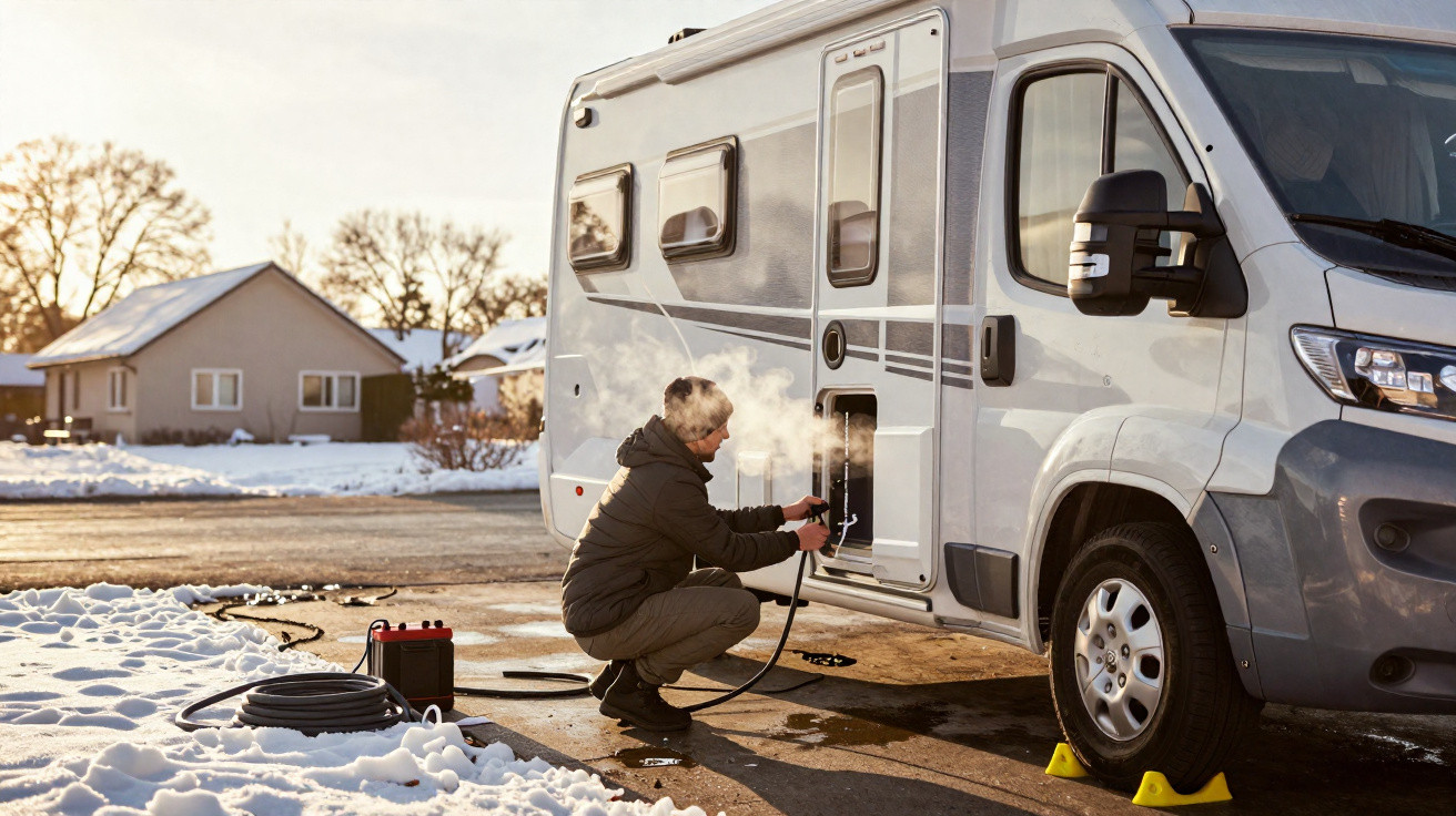 Person in winter clothes connecting cable to motorhome outside on snowy driveway in daylight