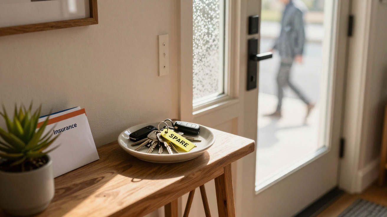 Keys with a spare key tag on a plate on a wooden table by a glass front door with a blurred person outside.