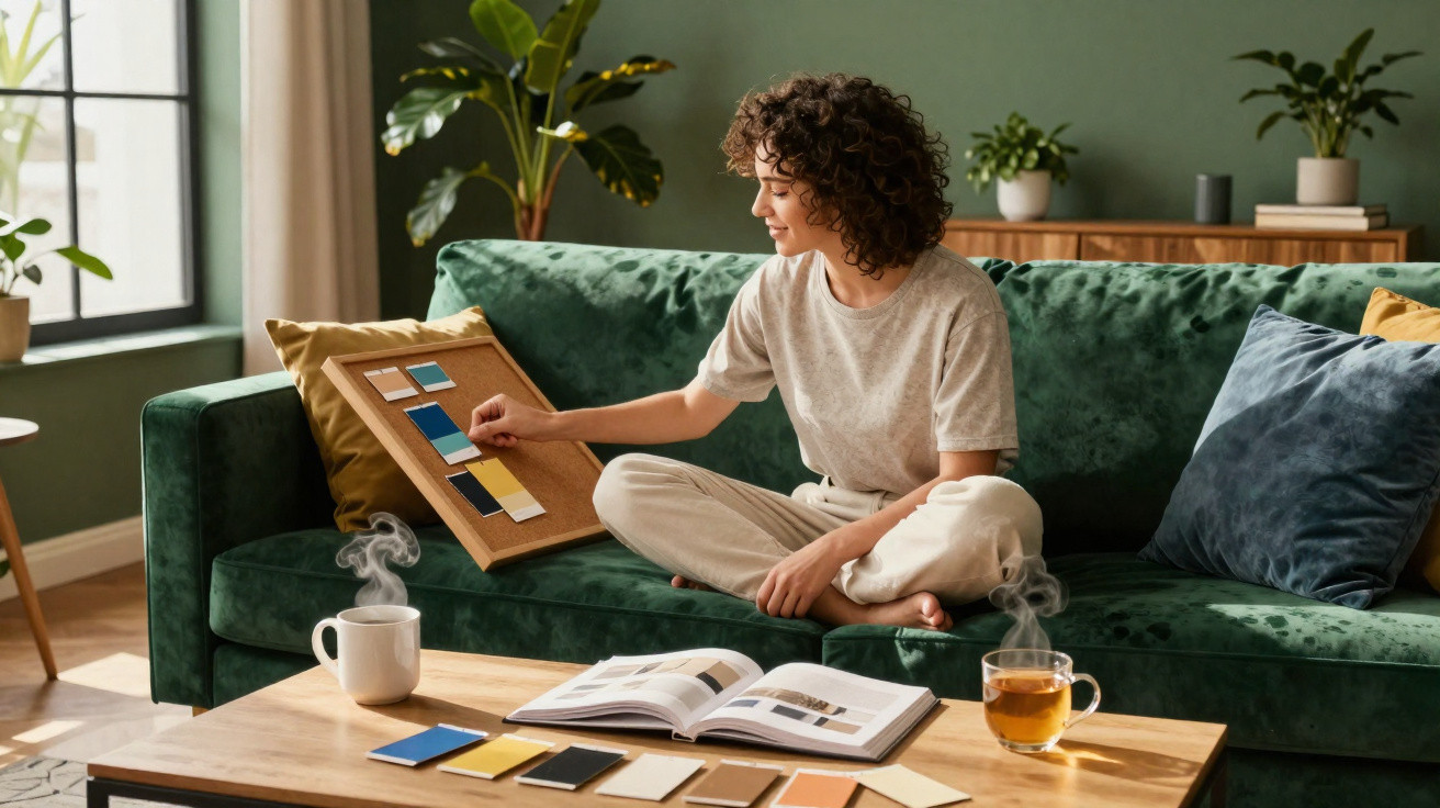 Person sitting cross-legged on a green sofa, holding a colour sample board with paint swatches.