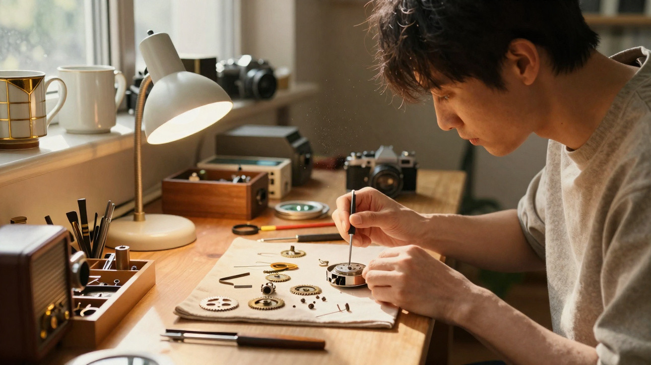 Man repairing watch mechanism at wooden desk with tools and camera in softly lit room.