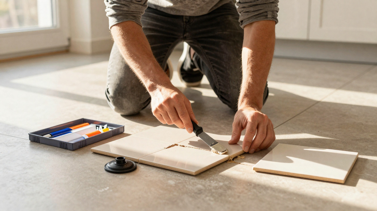 Person kneeling on floor fixing a broken ceramic tile with putty and tools nearby in bright room.